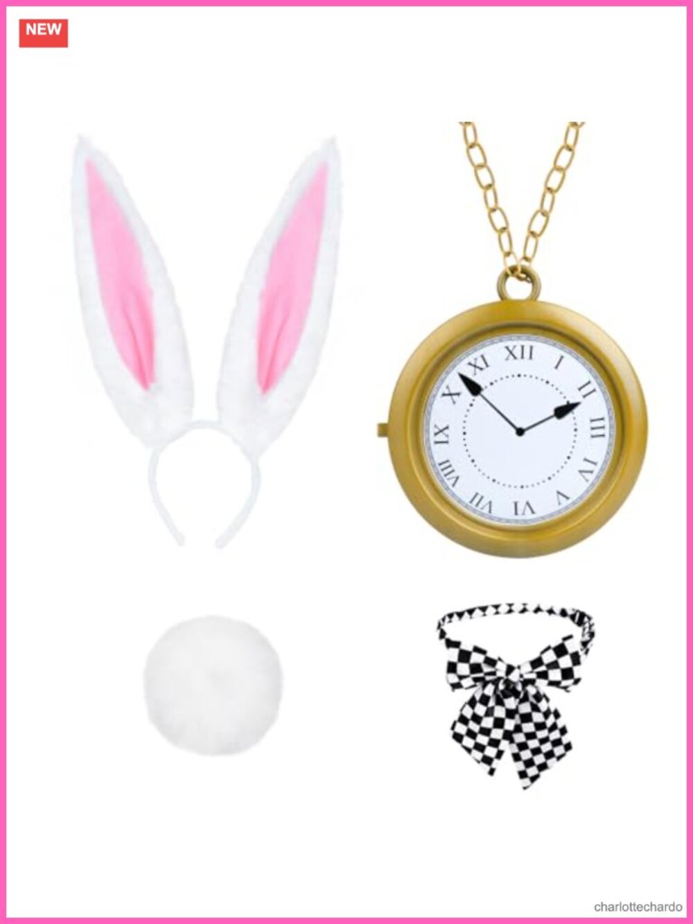 4 PC Bunny Costume Accessory Set Plush Ears Tail Bow Tie Clock